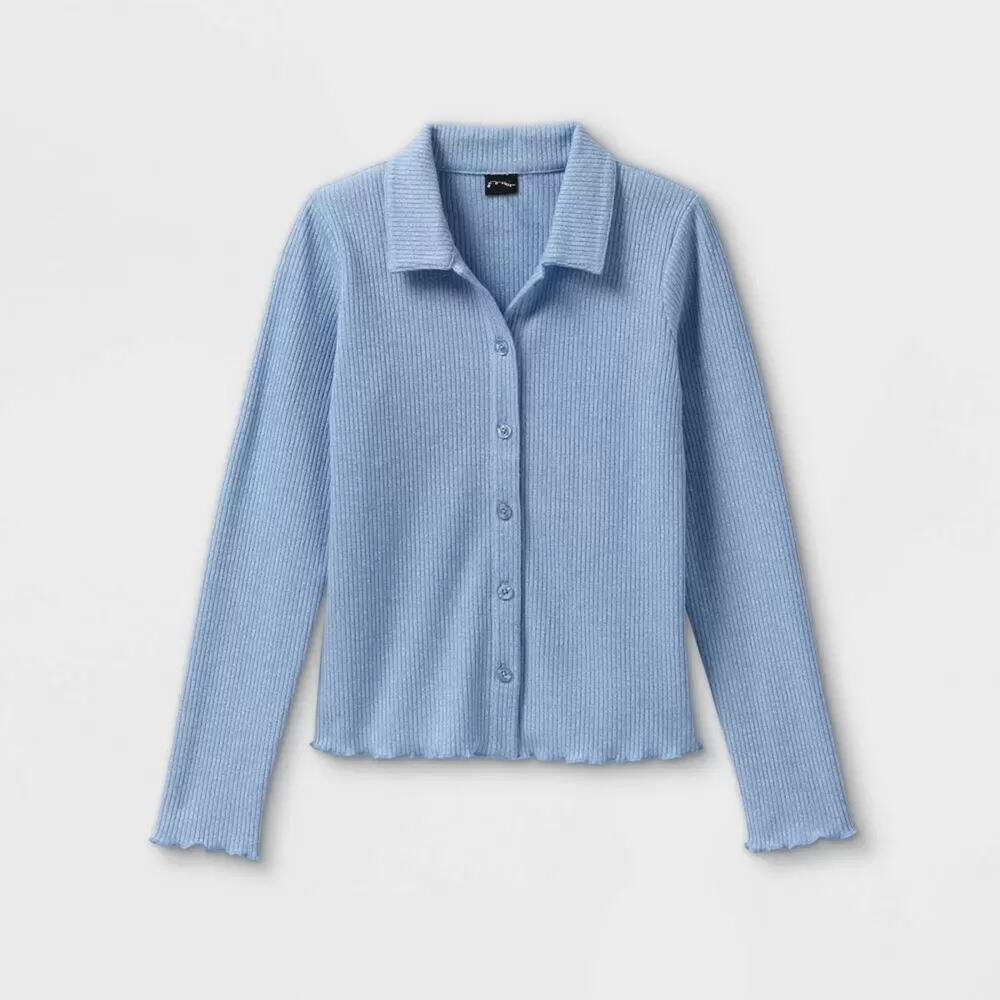 Sweater Button Front Cardigan Long Sleeve Art Class Blue M Ribbed Layer Collared